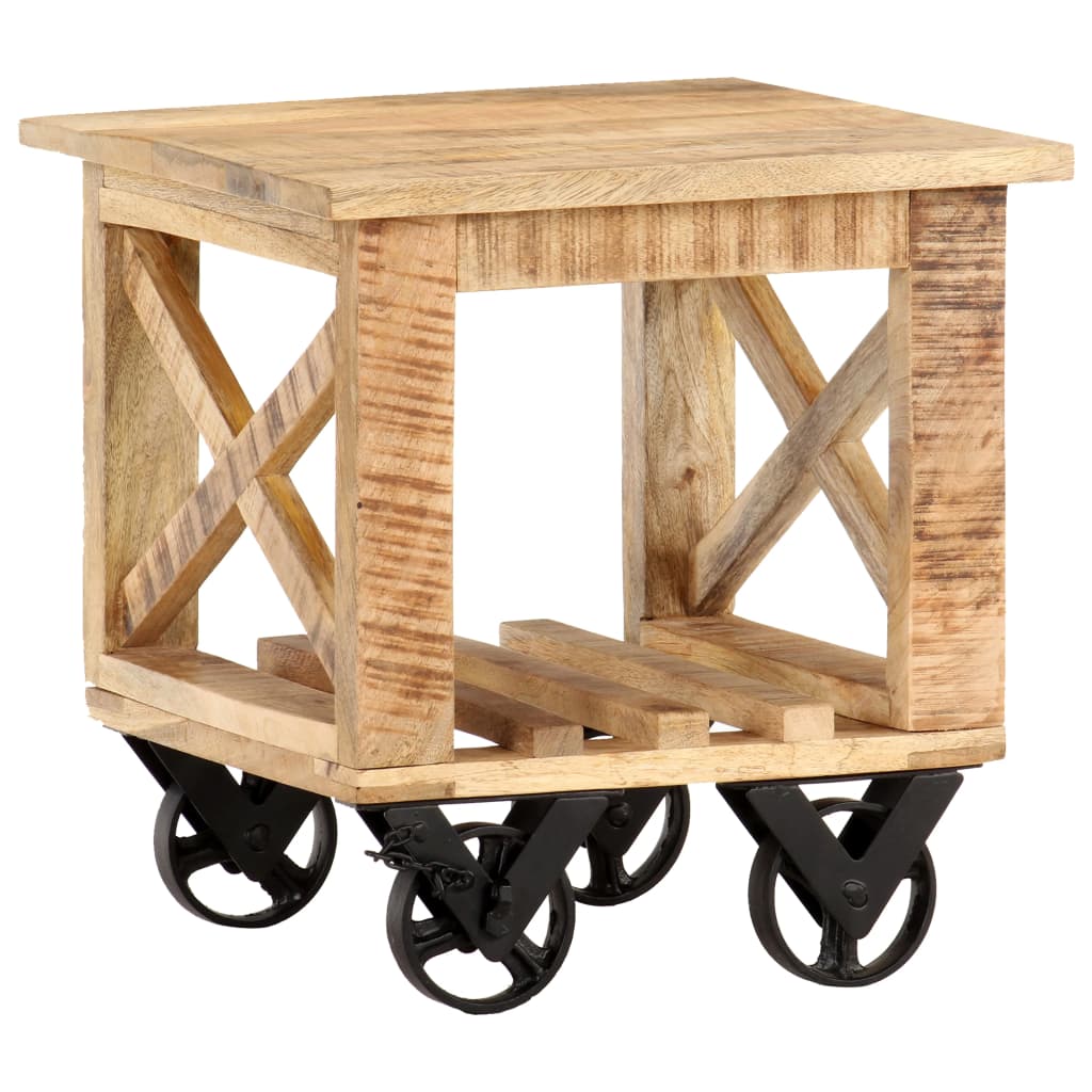 Side Table with Wheels 40x40x42 cm Rough Mango Wood - OLBRIT