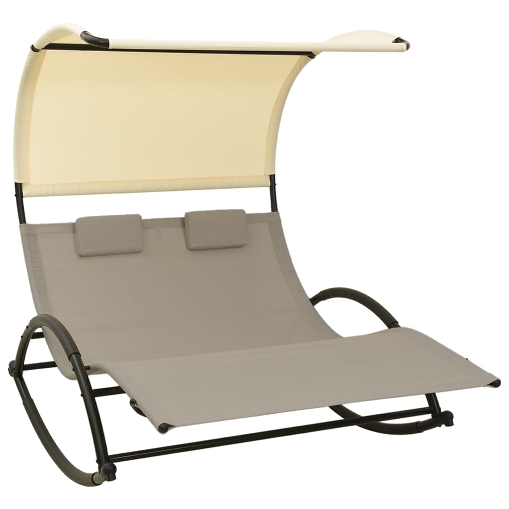 Double Sun Lounger with Canopy Textilene Taupe and Cream - OLBRIT