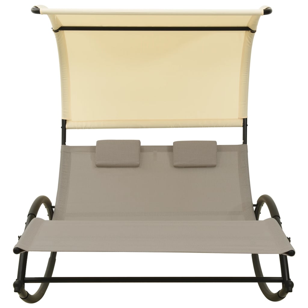 Double Sun Lounger with Canopy Textilene Taupe and Cream - OLBRIT