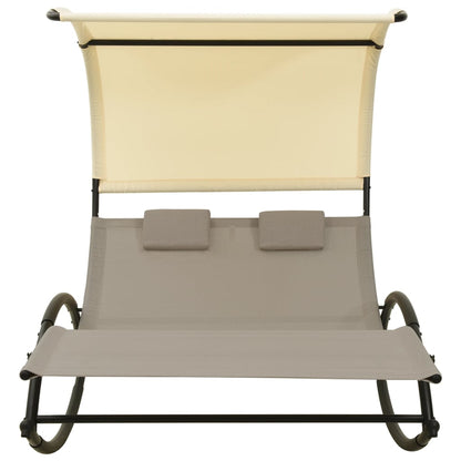 Double Sun Lounger with Canopy Textilene Taupe and Cream - OLBRIT