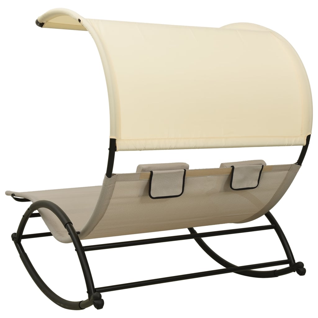Double Sun Lounger with Canopy Textilene Taupe and Cream - OLBRIT