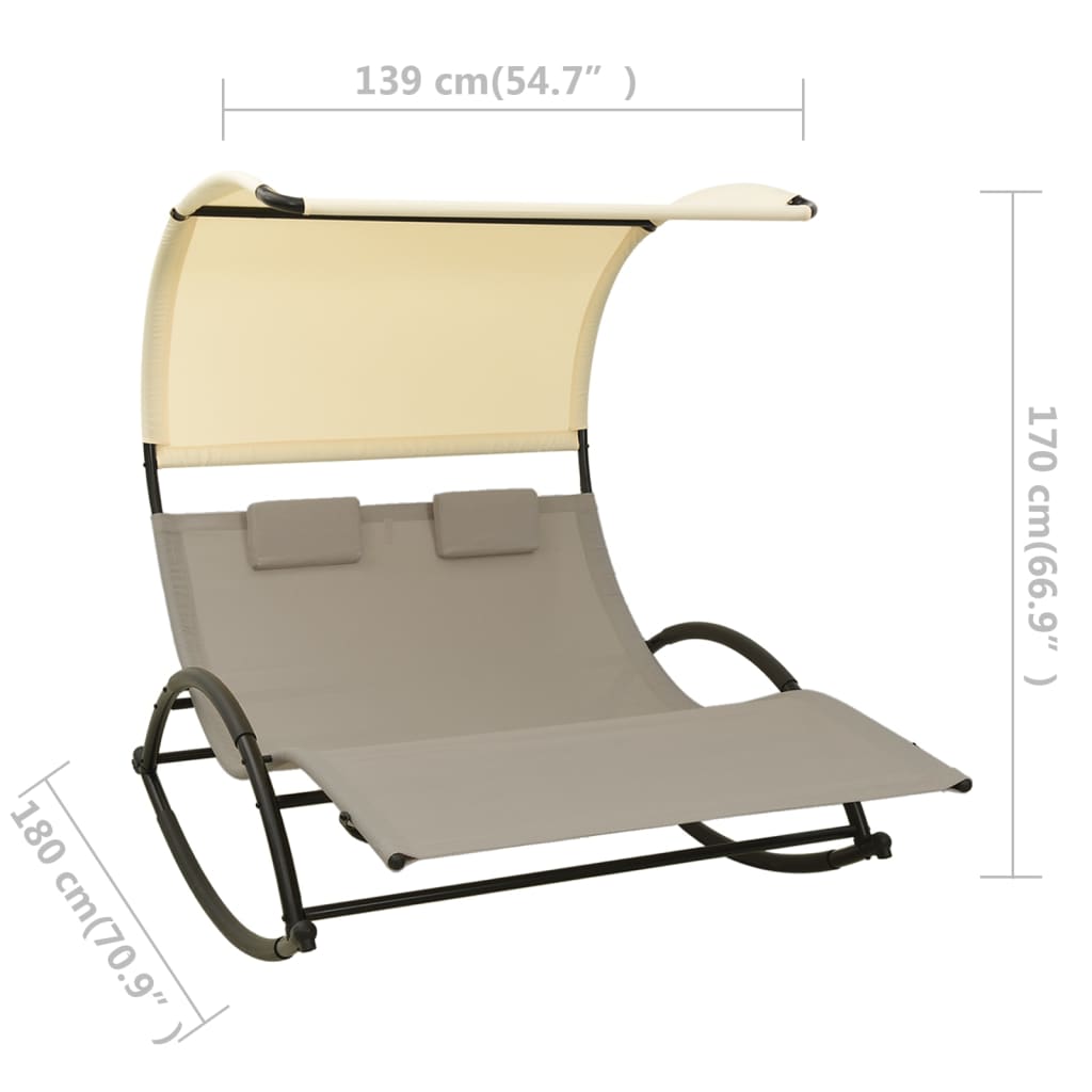 Double Sun Lounger with Canopy Textilene Taupe and Cream - OLBRIT