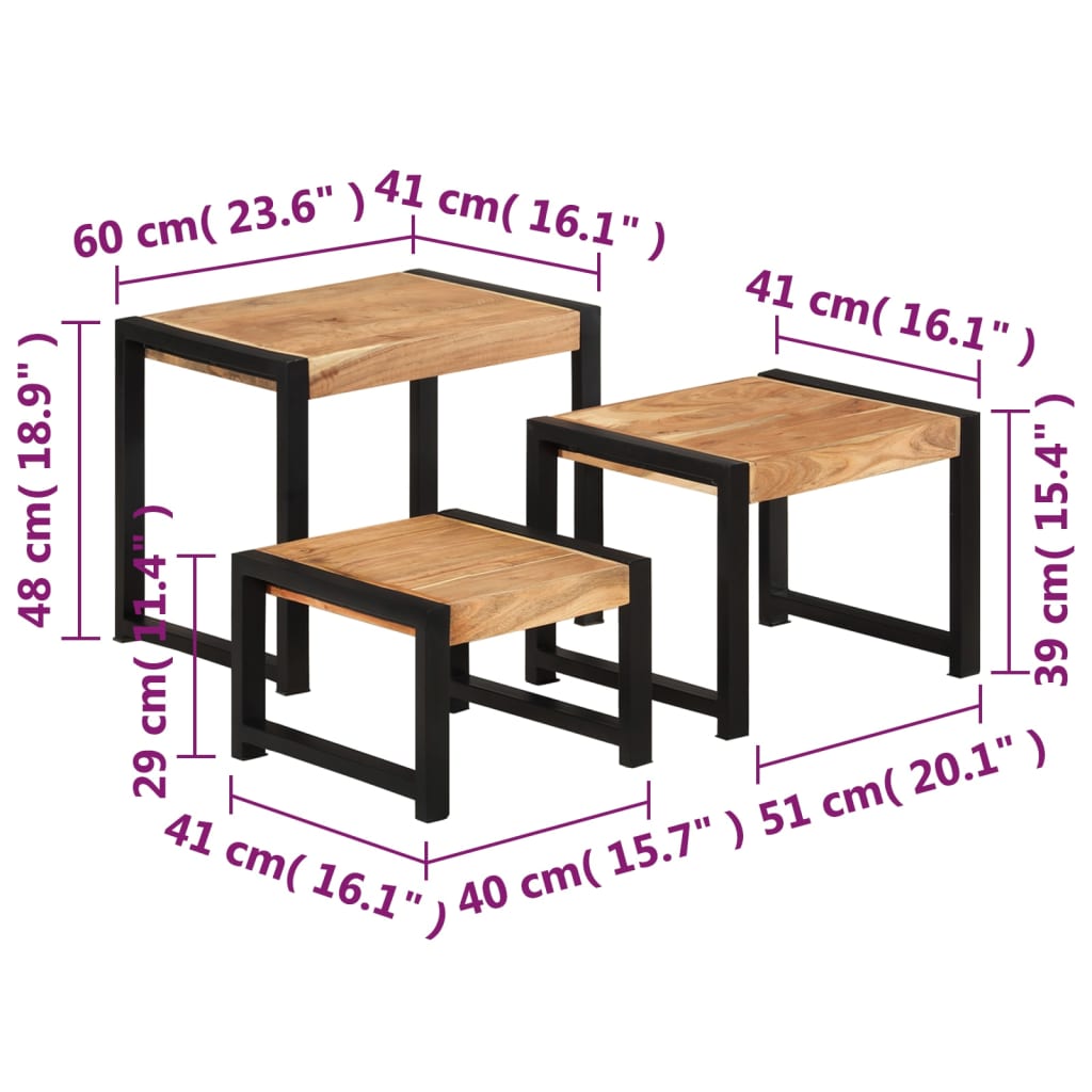 Nesting Tables 3 pcs Solid Wood with Sheesham Finish - OLBRIT