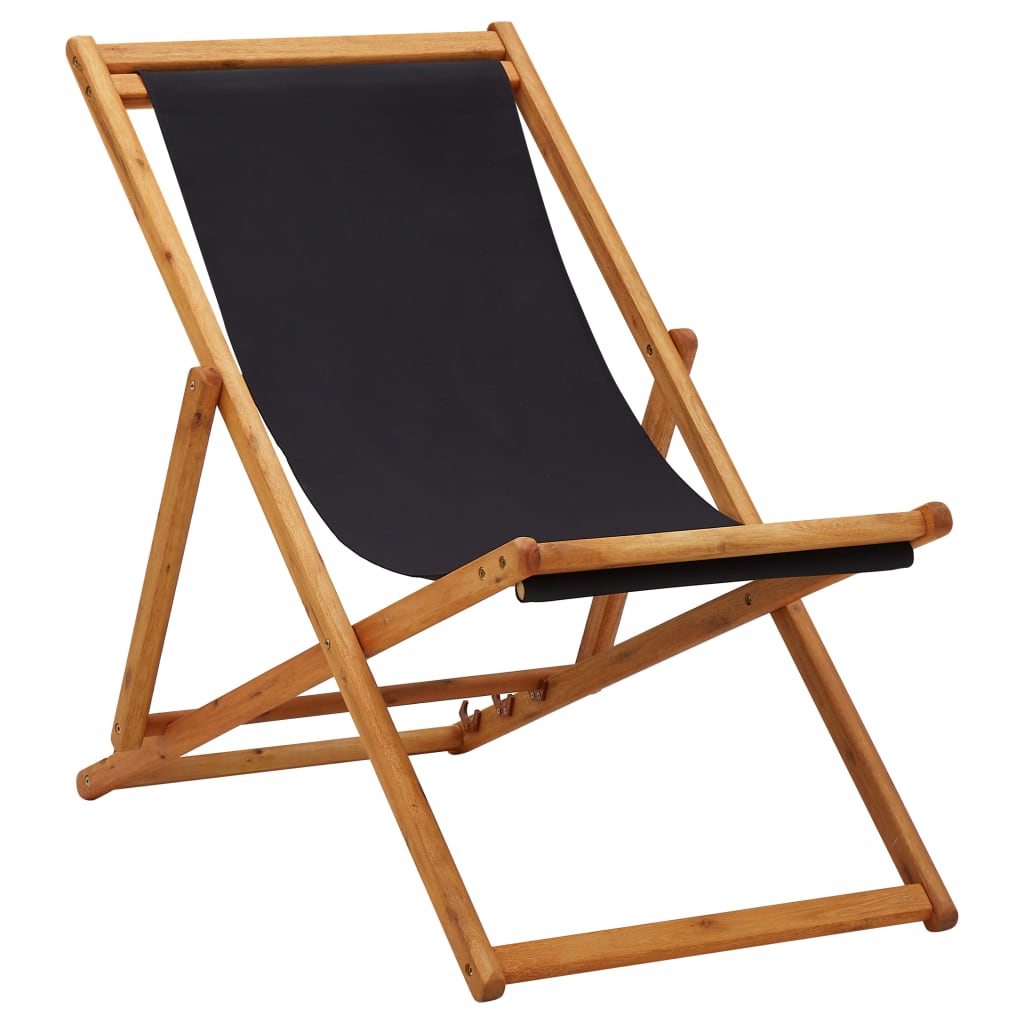 Folding Beach Chair Eucalyptus Wood and Fabric Black - OLBRIT