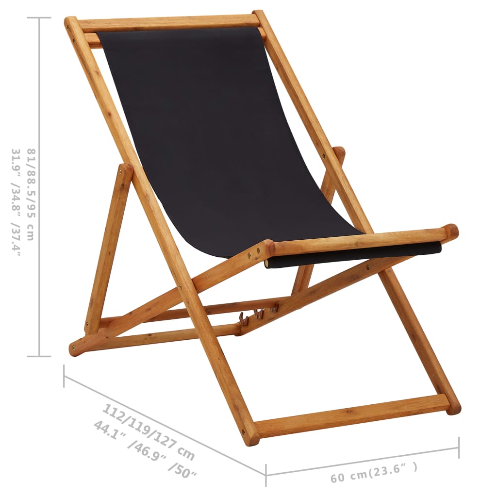 Folding Beach Chair Eucalyptus Wood and Fabric Black - OLBRIT