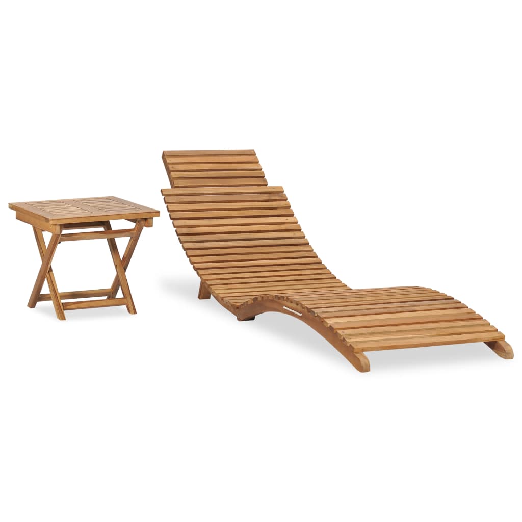 Folding Sun Lounger with Table Solid Teak Wood - OLBRIT