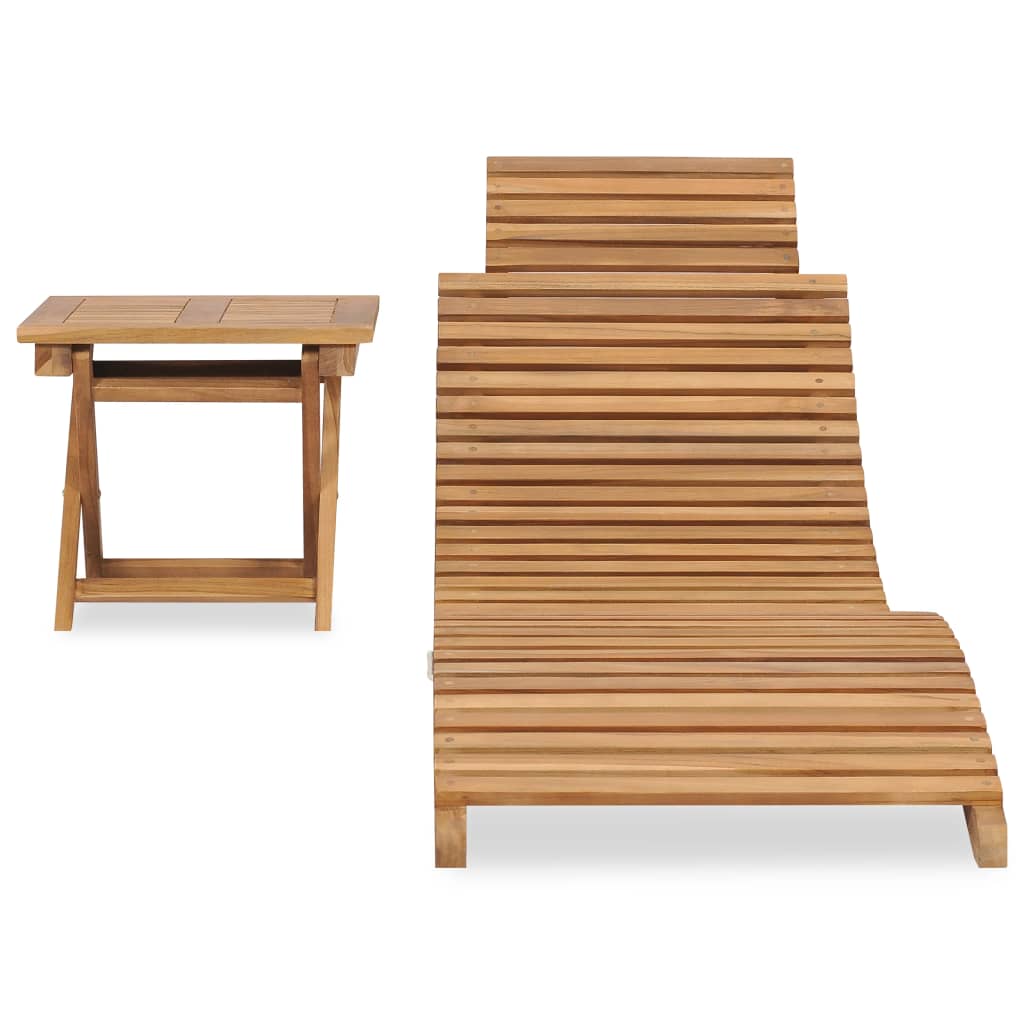 Folding Sun Lounger with Table Solid Teak Wood - OLBRIT