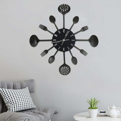 Wall Clock with Spoon and Fork Design Black 40 cm Aluminium - OLBRIT