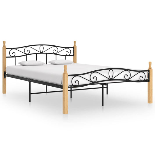 Bed Frame Black Metal and Solid Oak Wood 140x200 cm - OLBRIT