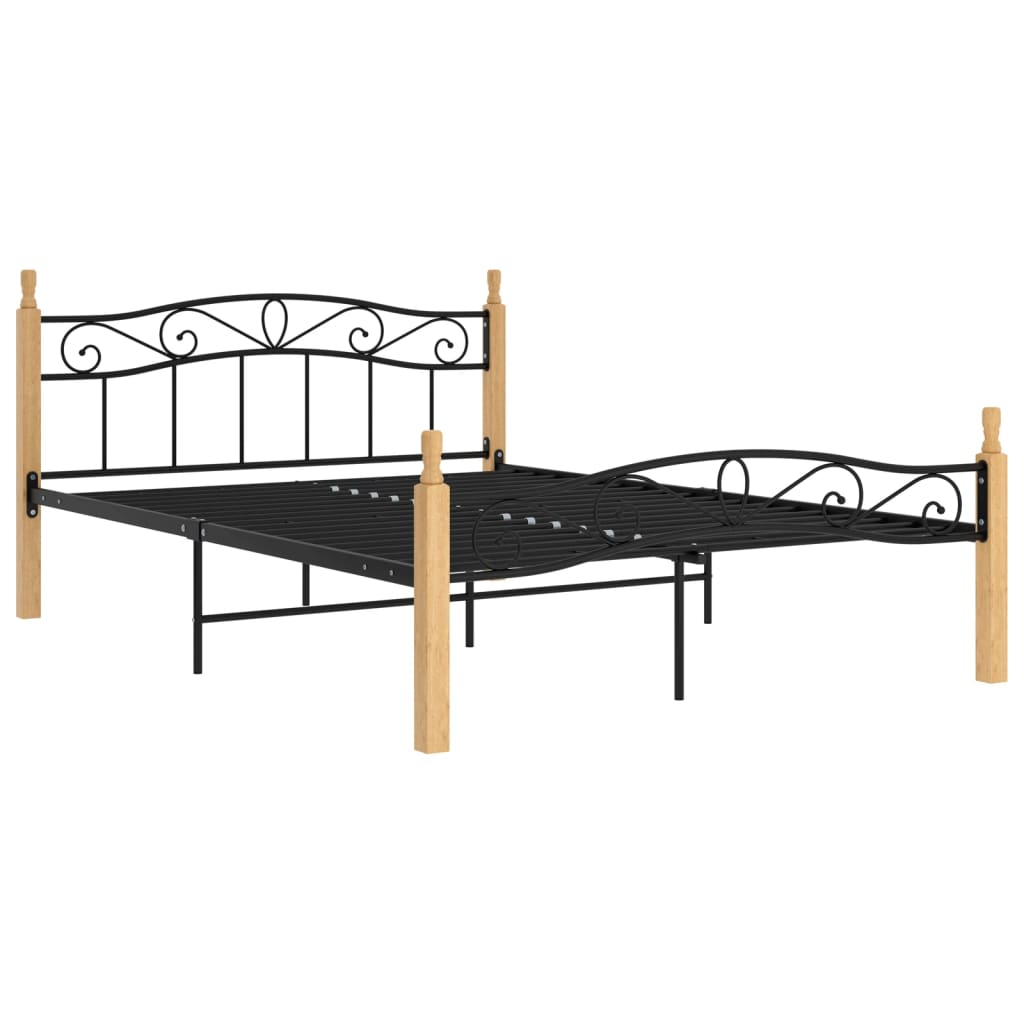 Bed Frame Black Metal and Solid Oak Wood 140x200 cm - OLBRIT