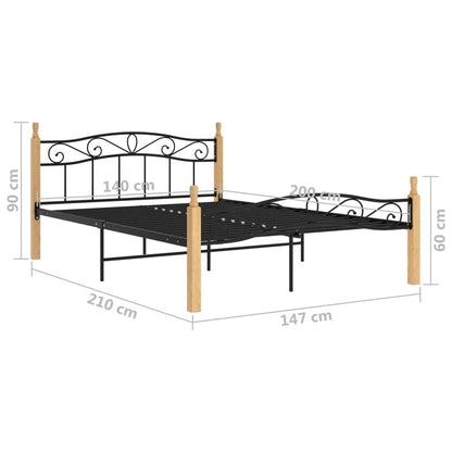 Bed Frame Black Metal and Solid Oak Wood 140x200 cm - OLBRIT