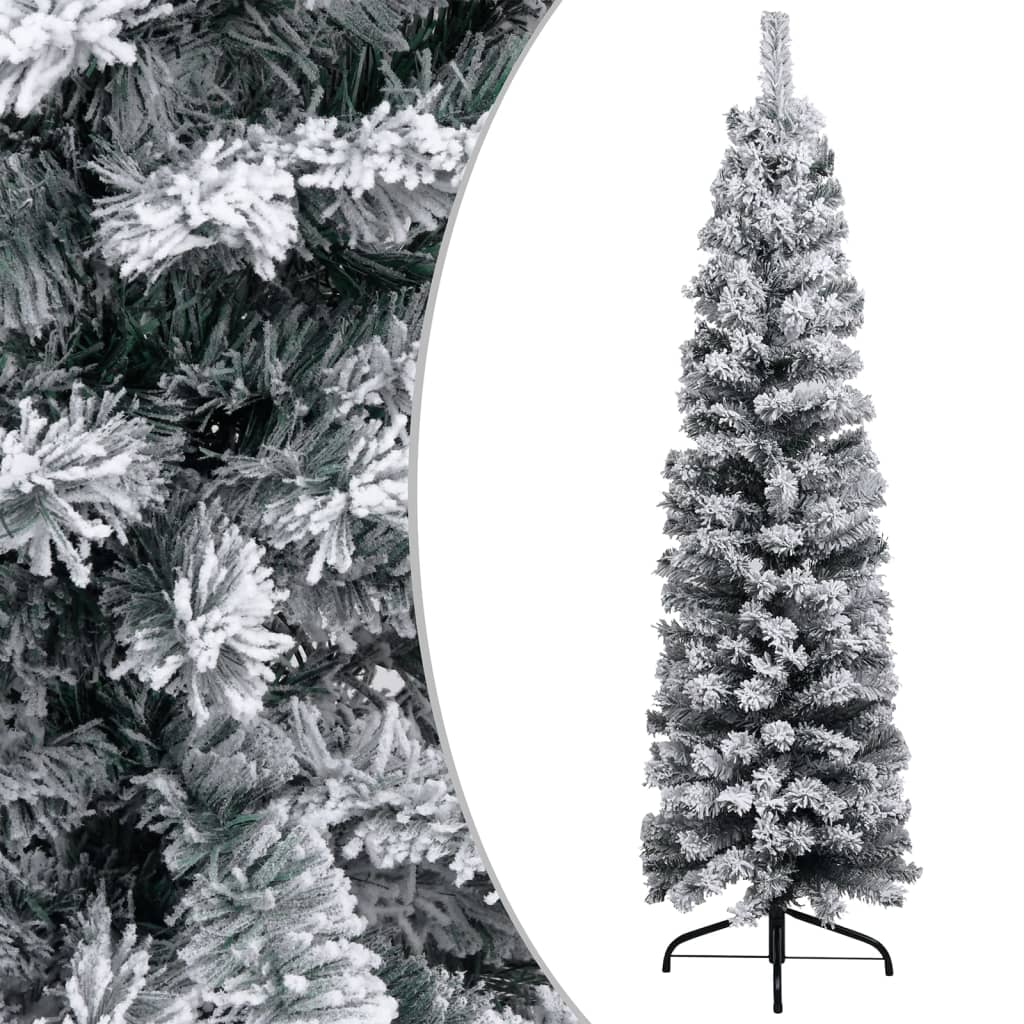 Slim Artificial Christmas Tree with Flocked Snow Green 120 cm PVC - OLBRIT
