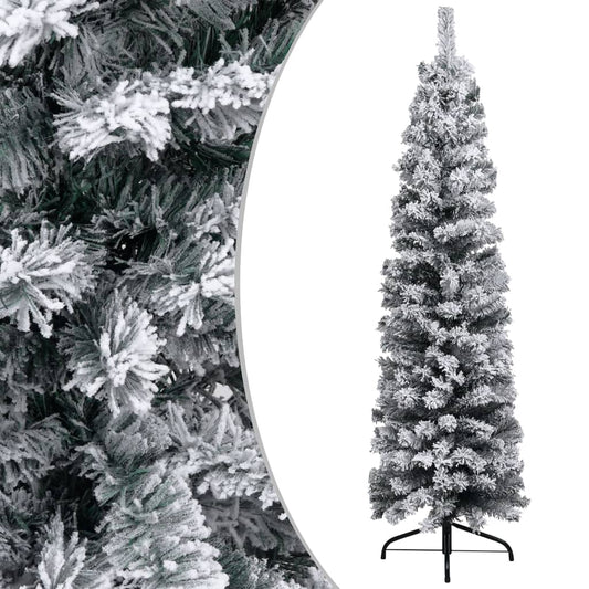 Slim Artificial Christmas Tree with Flocked Snow Green 120 cm PVC - OLBRIT