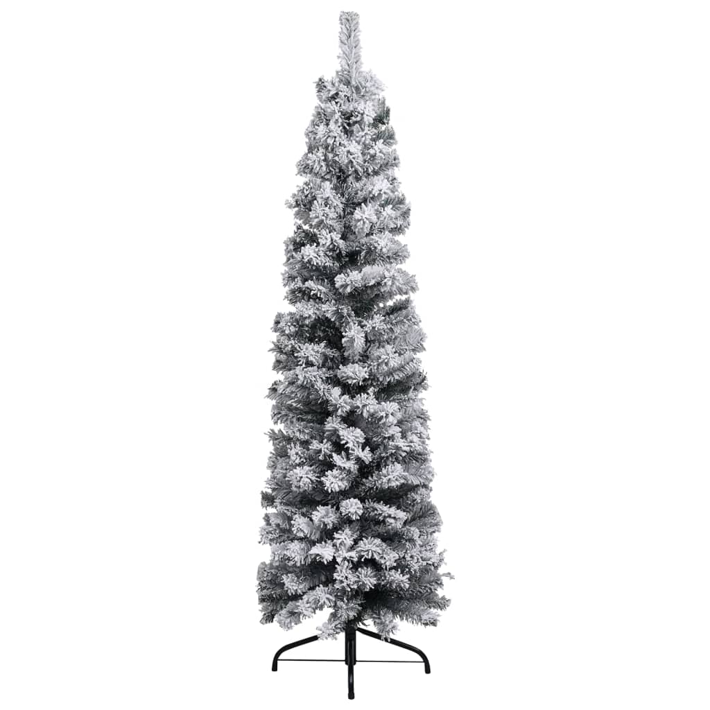 Slim Artificial Christmas Tree with Flocked Snow Green 120 cm PVC - OLBRIT