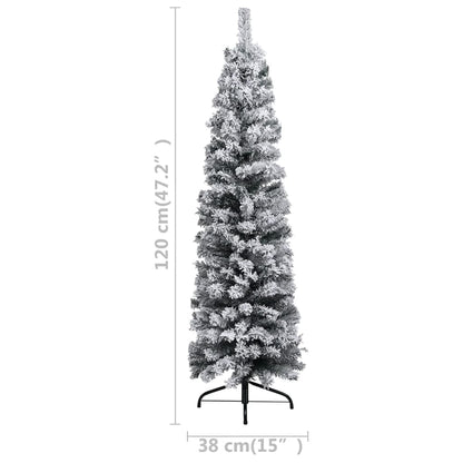Slim Artificial Christmas Tree with Flocked Snow Green 120 cm PVC - OLBRIT