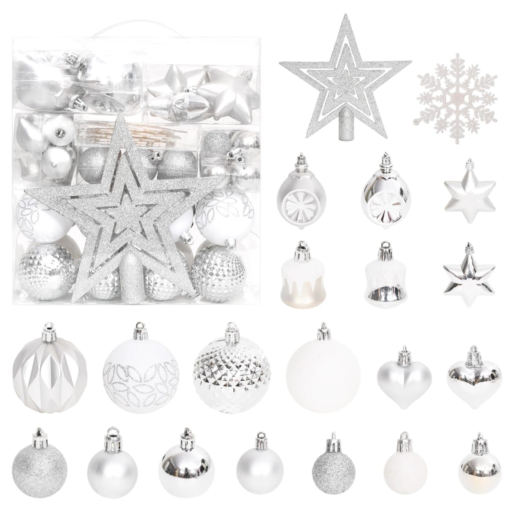 70 Piece Christmas Bauble Set Silver and White - OLBRIT