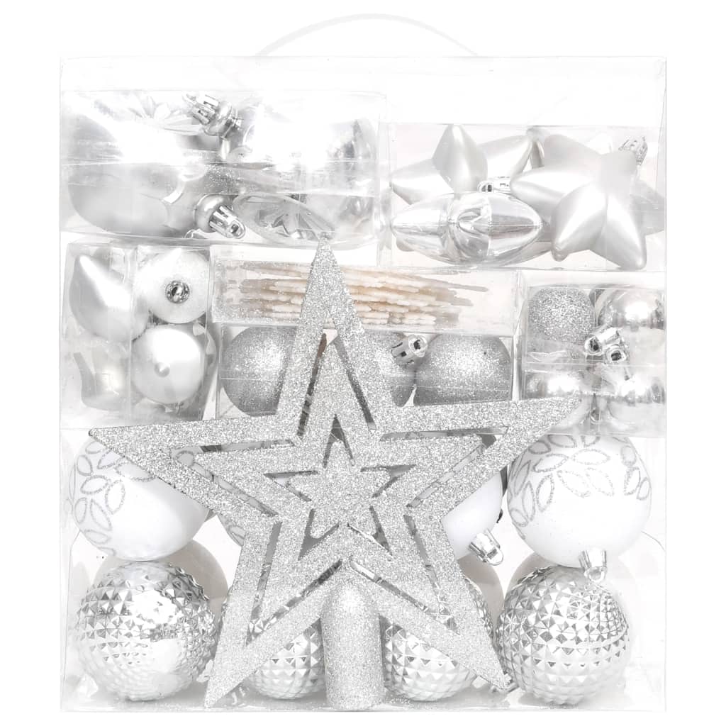 70 Piece Christmas Bauble Set Silver and White - OLBRIT