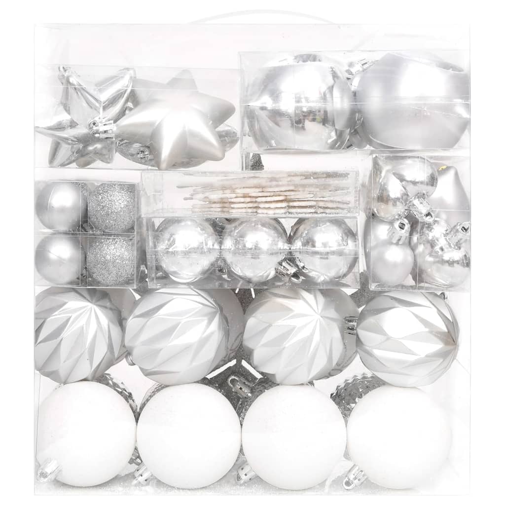 70 Piece Christmas Bauble Set Silver and White - OLBRIT