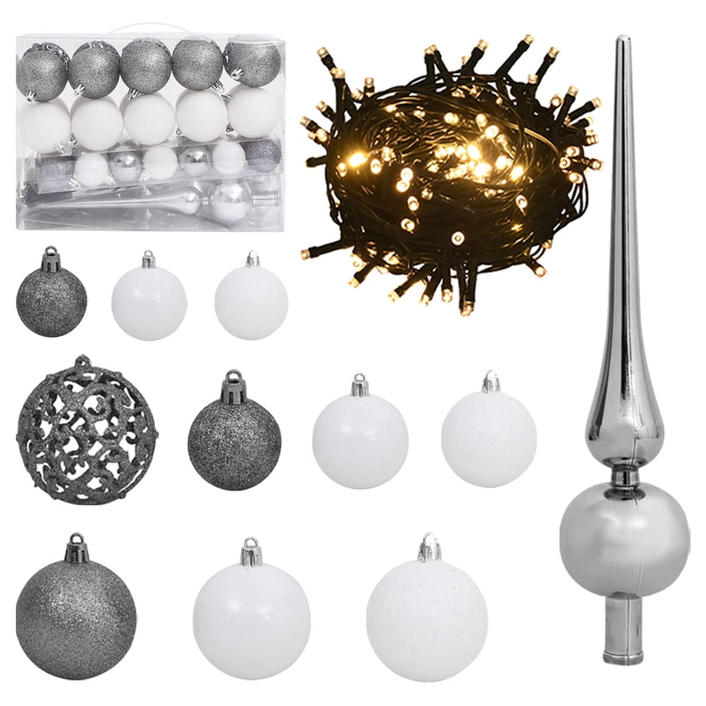 61 Piece Christmas Ball Set with Peak and 150 LEDs White & Grey - OLBRIT