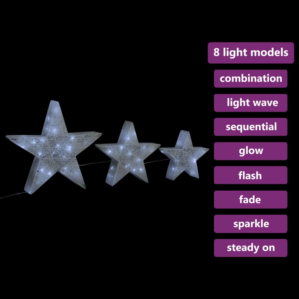 Christmas Decoration Stars 3 pcs White Mesh LED Outdoor Indoor - OLBRIT