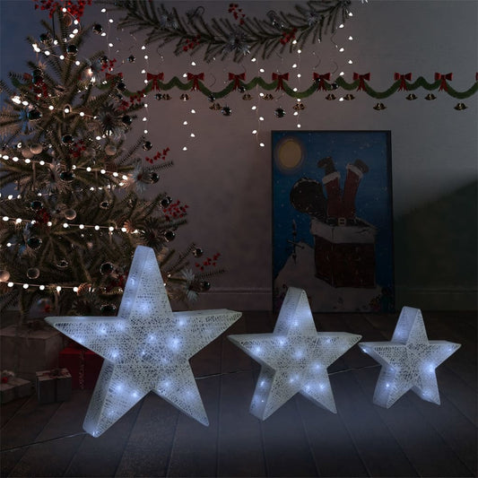 Christmas Decoration Stars 3 pcs White Mesh LED Outdoor Indoor - OLBRIT