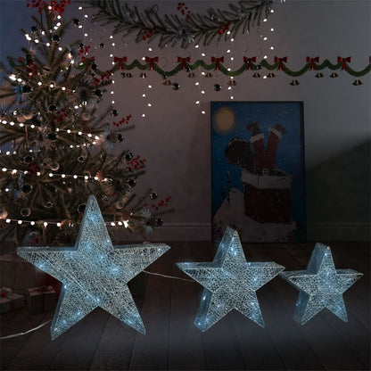 Christmas Decoration Stars 3 pcs Silver Mesh LED Outdoor Indoor - OLBRIT