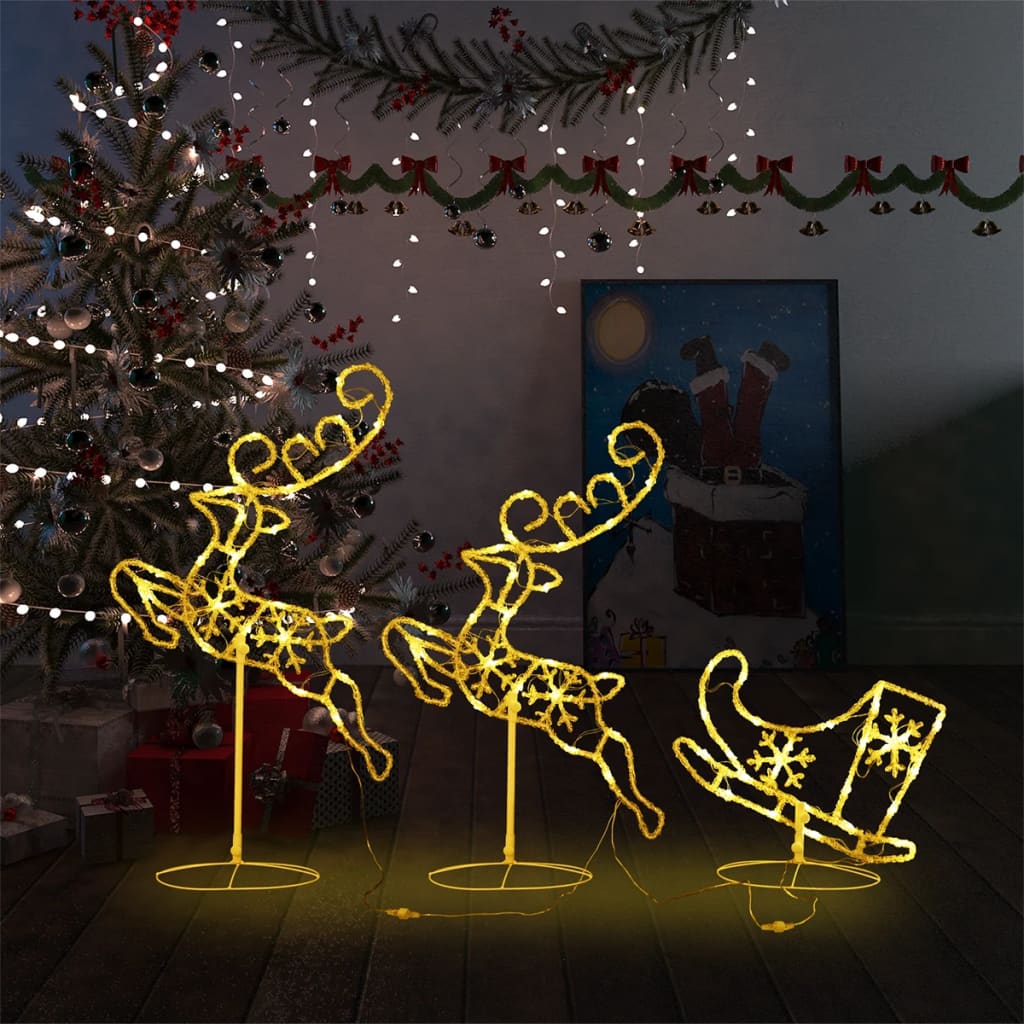 Acrylic Christmas Flying Reindeer & Sleigh 260x21x87cm Warm White - OLBRIT