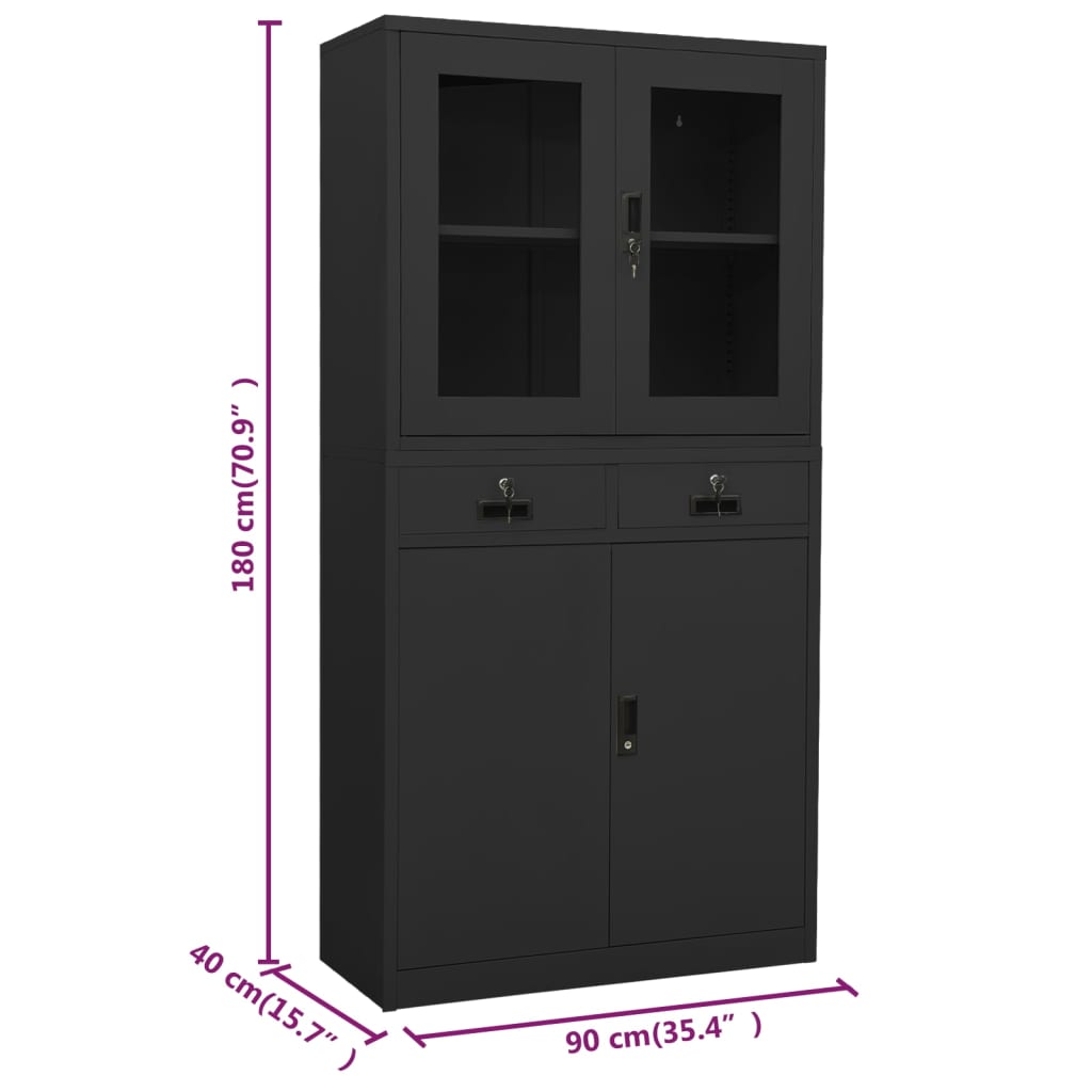 Office Cabinet Anthracite 90x40x180 cm Steel and Tempered Glass - OLBRIT