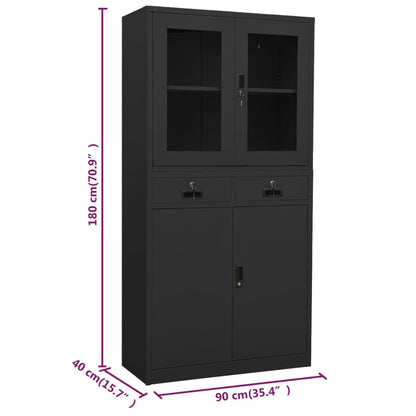 Office Cabinet Anthracite 90x40x180 cm Steel and Tempered Glass - OLBRIT