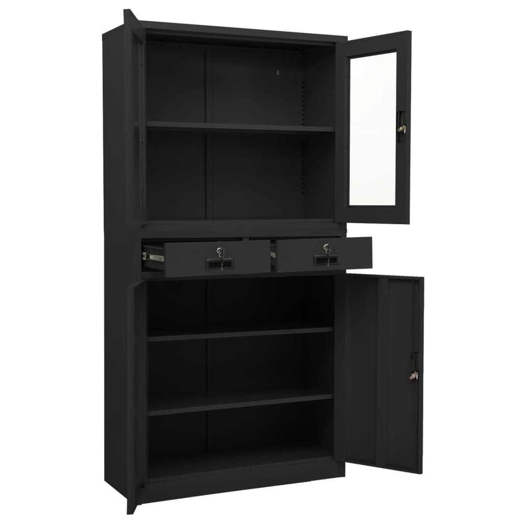 Office Cabinet Anthracite 90x40x180 cm Steel and Tempered Glass - OLBRIT