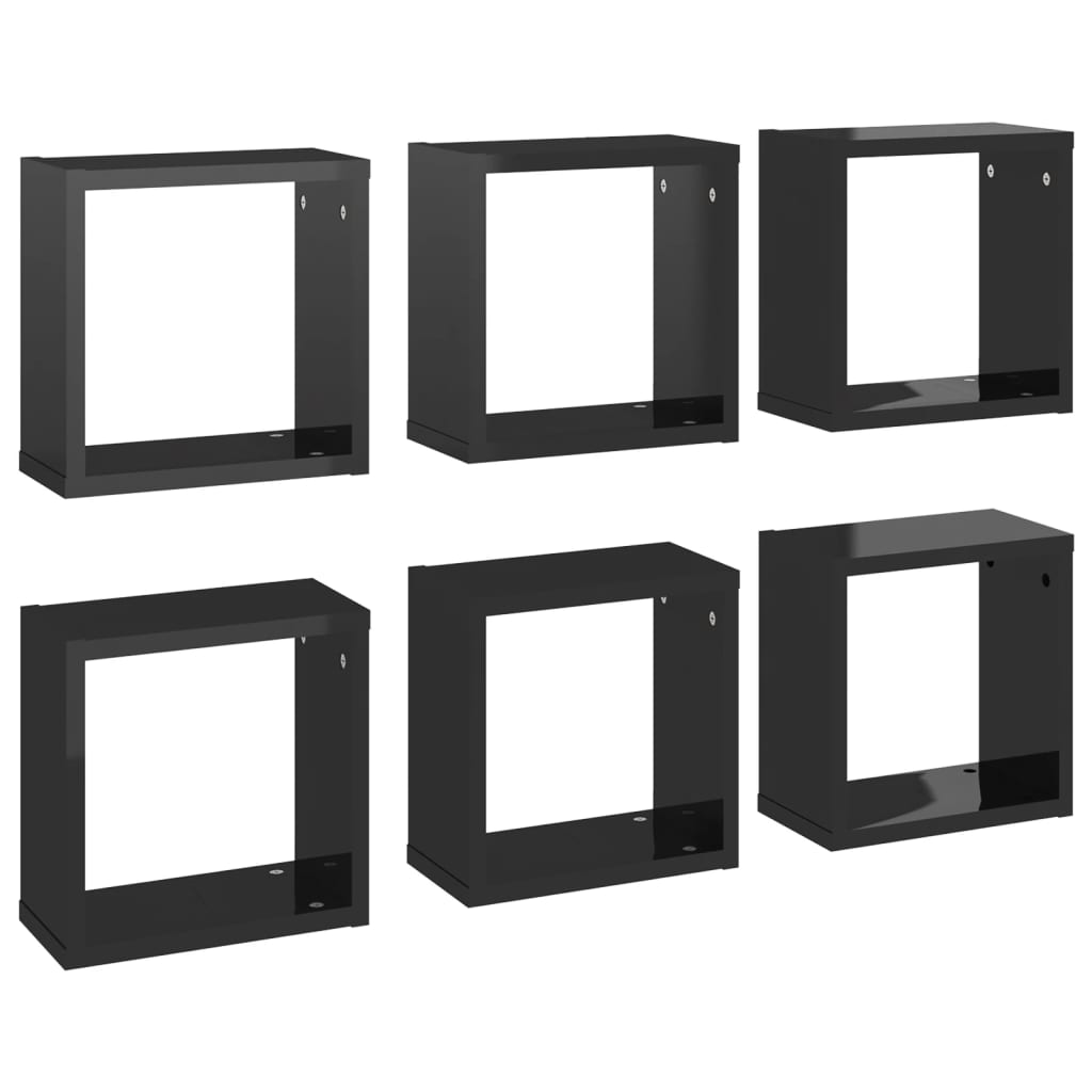 Wall Cube Shelves 6 pcs High Gloss Black 30x15x30 cm - OLBRIT