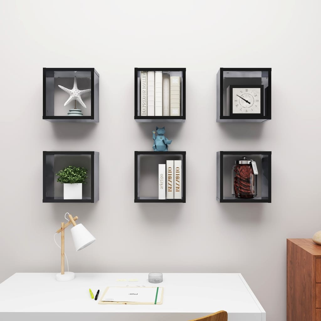 Wall Cube Shelves 6 pcs High Gloss Black 30x15x30 cm - OLBRIT