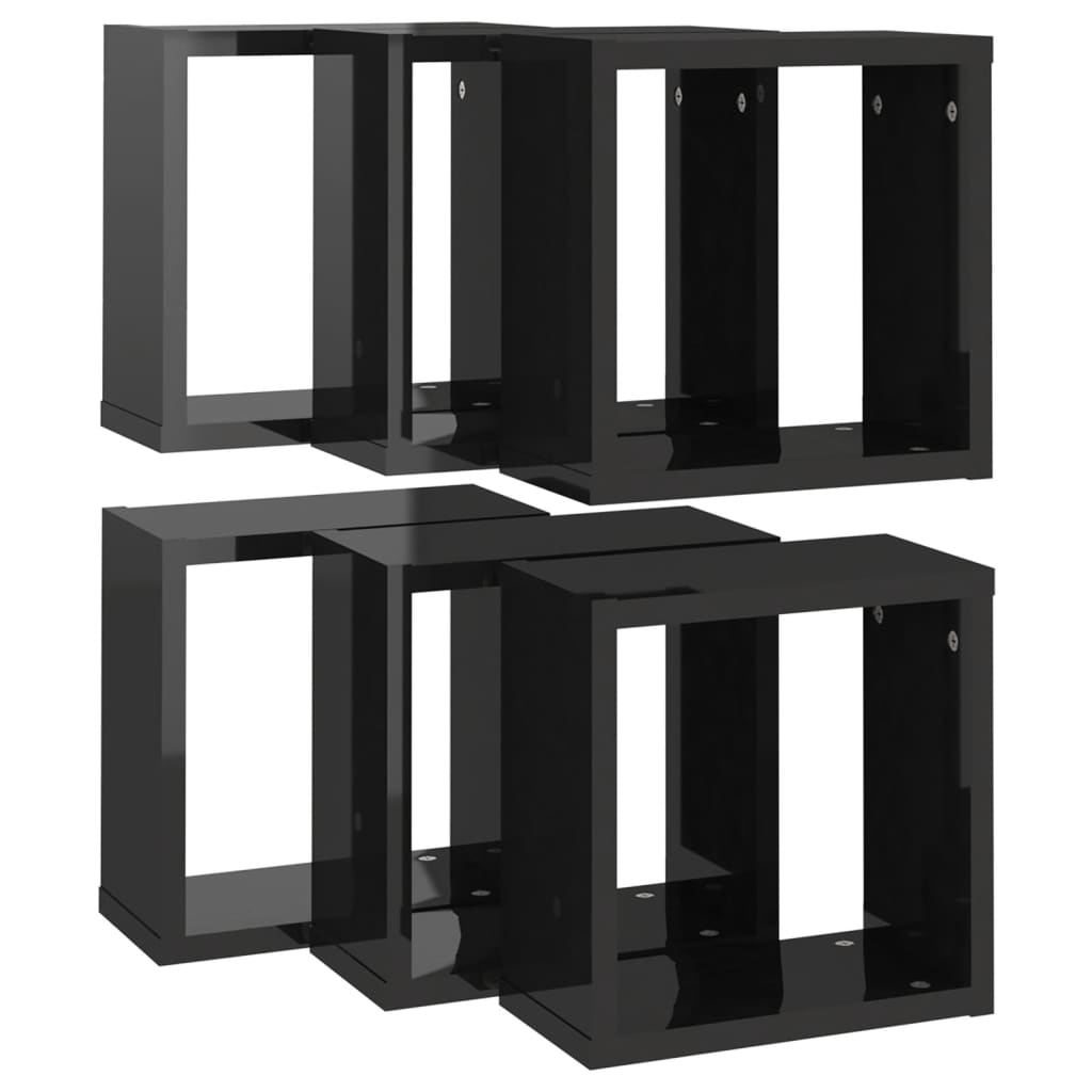 Wall Cube Shelves 6 pcs High Gloss Black 30x15x30 cm - OLBRIT