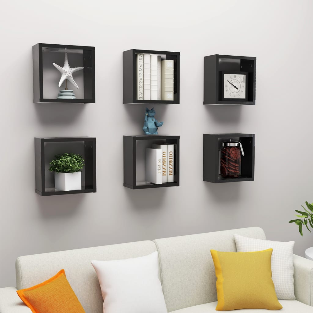 Wall Cube Shelves 6 pcs High Gloss Black 30x15x30 cm - OLBRIT