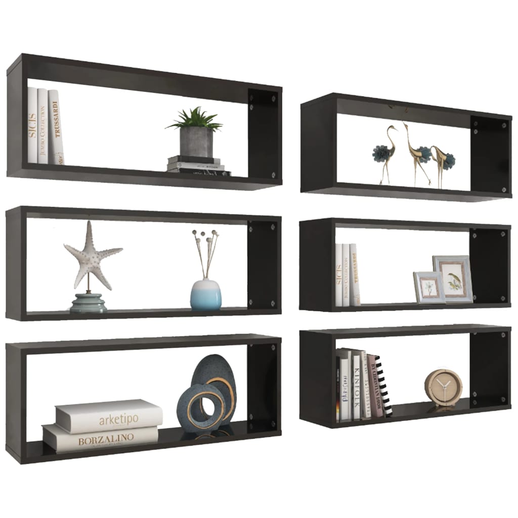 Wall Cube Shelf 6 pcs High Gloss Black 60x15x23 cm Engineered Wood - OLBRIT