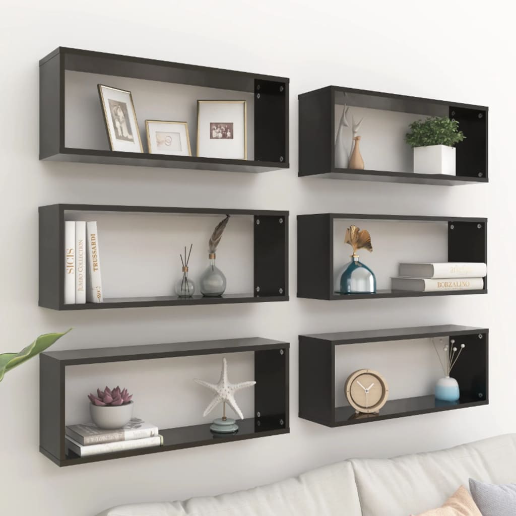 Wall Cube Shelf 6 pcs High Gloss Black 60x15x23 cm Engineered Wood - OLBRIT