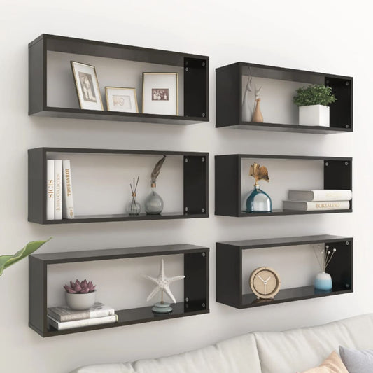 Wall Cube Shelf 6 pcs High Gloss Black 60x15x23 cm Engineered Wood - OLBRIT