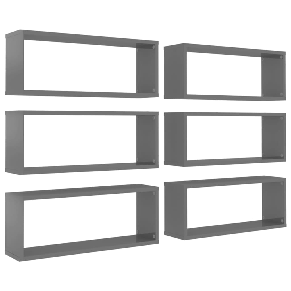 Wall Cube Shelf 6 pcs High Gloss Grey 60x15x23 cm Engineered Wood - OLBRIT