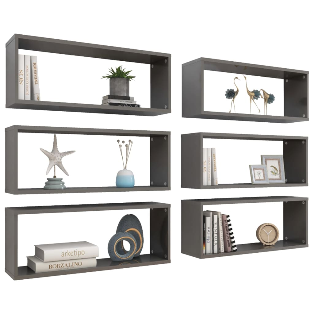 Wall Cube Shelf 6 pcs High Gloss Grey 60x15x23 cm Engineered Wood - OLBRIT