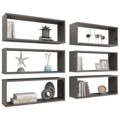 Wall Cube Shelf 6 pcs High Gloss Grey 60x15x23 cm Engineered Wood - OLBRIT