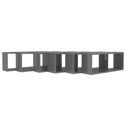 Wall Cube Shelf 6 pcs High Gloss Grey 60x15x23 cm Engineered Wood - OLBRIT