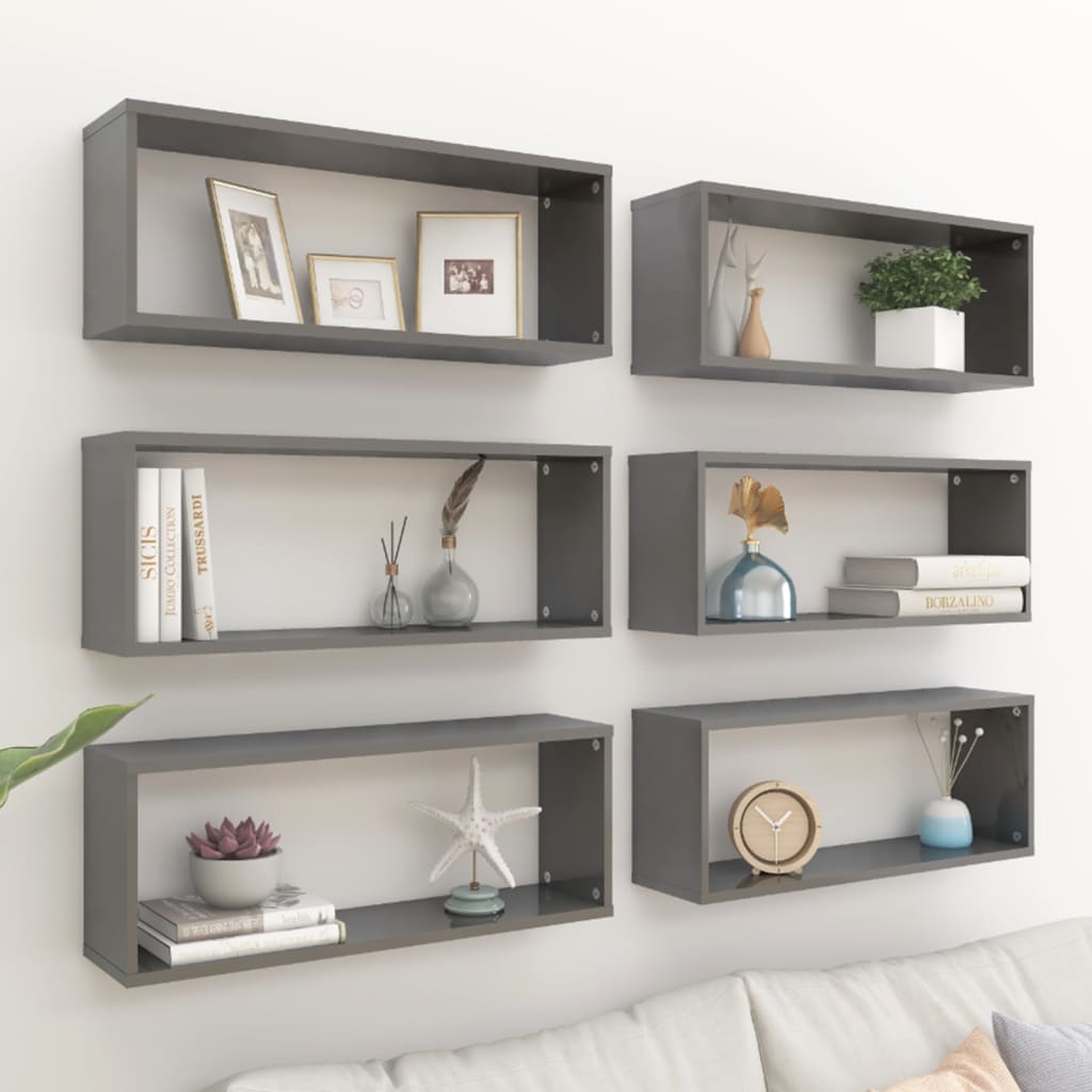 Wall Cube Shelf 6 pcs High Gloss Grey 60x15x23 cm Engineered Wood - OLBRIT