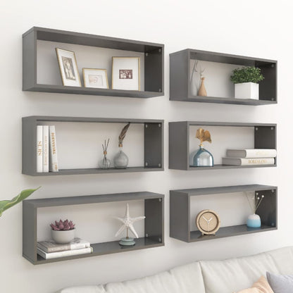 Wall Cube Shelf 6 pcs High Gloss Grey 60x15x23 cm Engineered Wood - OLBRIT