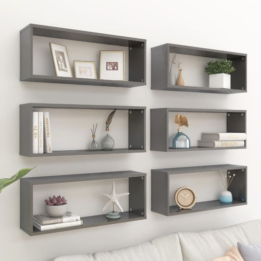 Wall Cube Shelf 6 pcs High Gloss Grey 60x15x23 cm Engineered Wood - OLBRIT