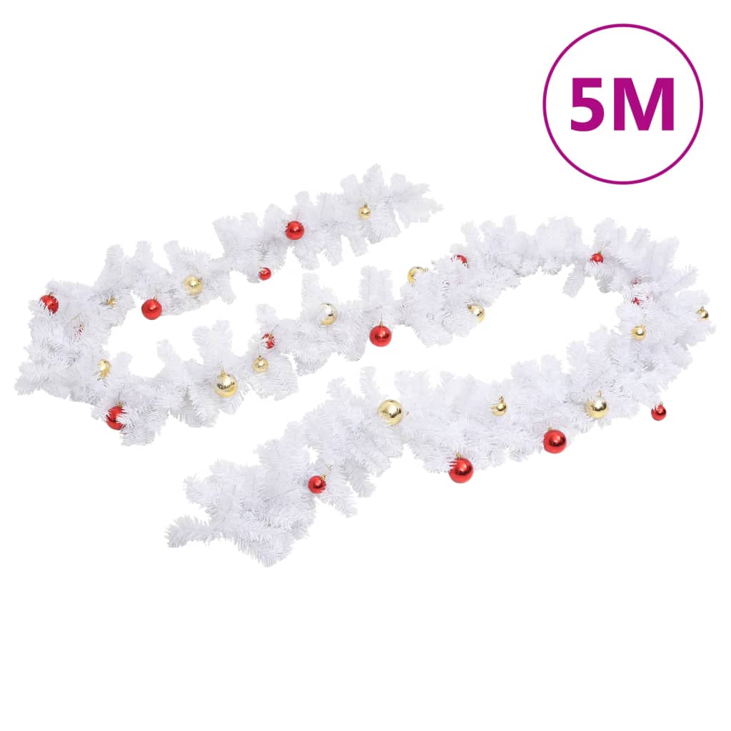 Christmas Garland Decorated with Baubles White 5 m - OLBRIT