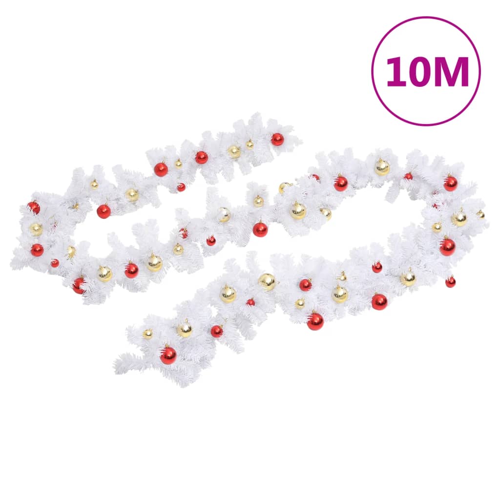 Christmas Garland Decorated with Baubles White 10 m - OLBRIT