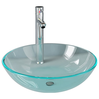 Bathroom Sink with Tap and Push Drain Clear Tempered Glass - OLBRIT