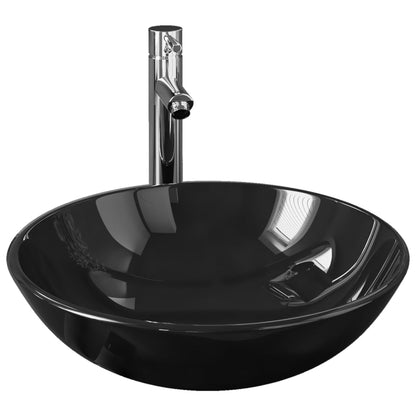 Bathroom Sink with Tap and Push Drain Black Tempered Glass - OLBRIT