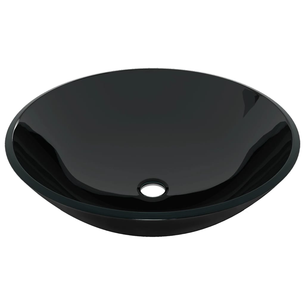 Bathroom Sink with Tap and Push Drain Black Tempered Glass - OLBRIT