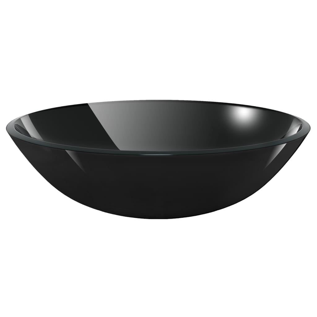 Bathroom Sink with Tap and Push Drain Black Tempered Glass - OLBRIT